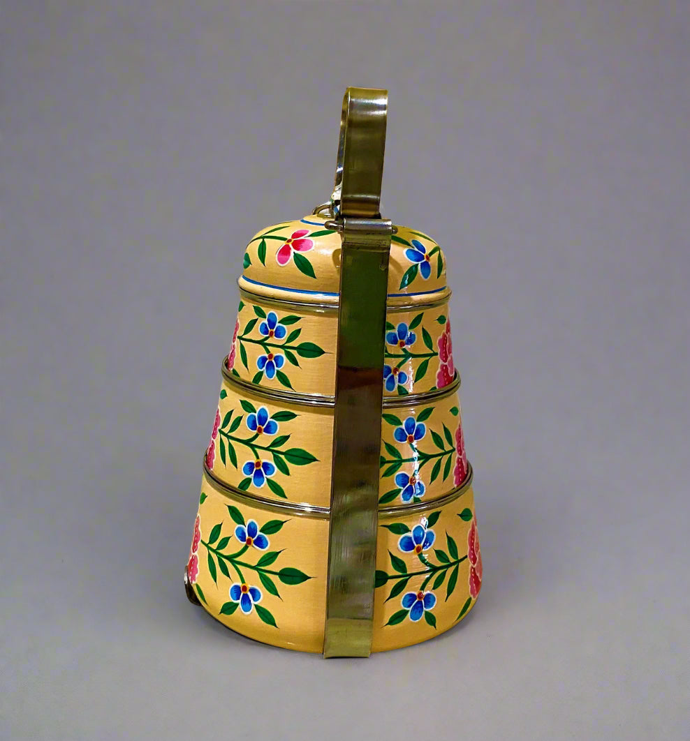 Hand-Painted 3-Tier Stainless Steel Lunch Box –  floral Design Eco-Friendly tiffin box